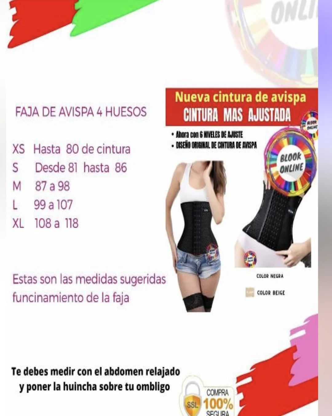 "Faja de avispa con 6 niveles de ajuste para reducir cintura, disponible en color negro y beige, diseño original Blook Online."