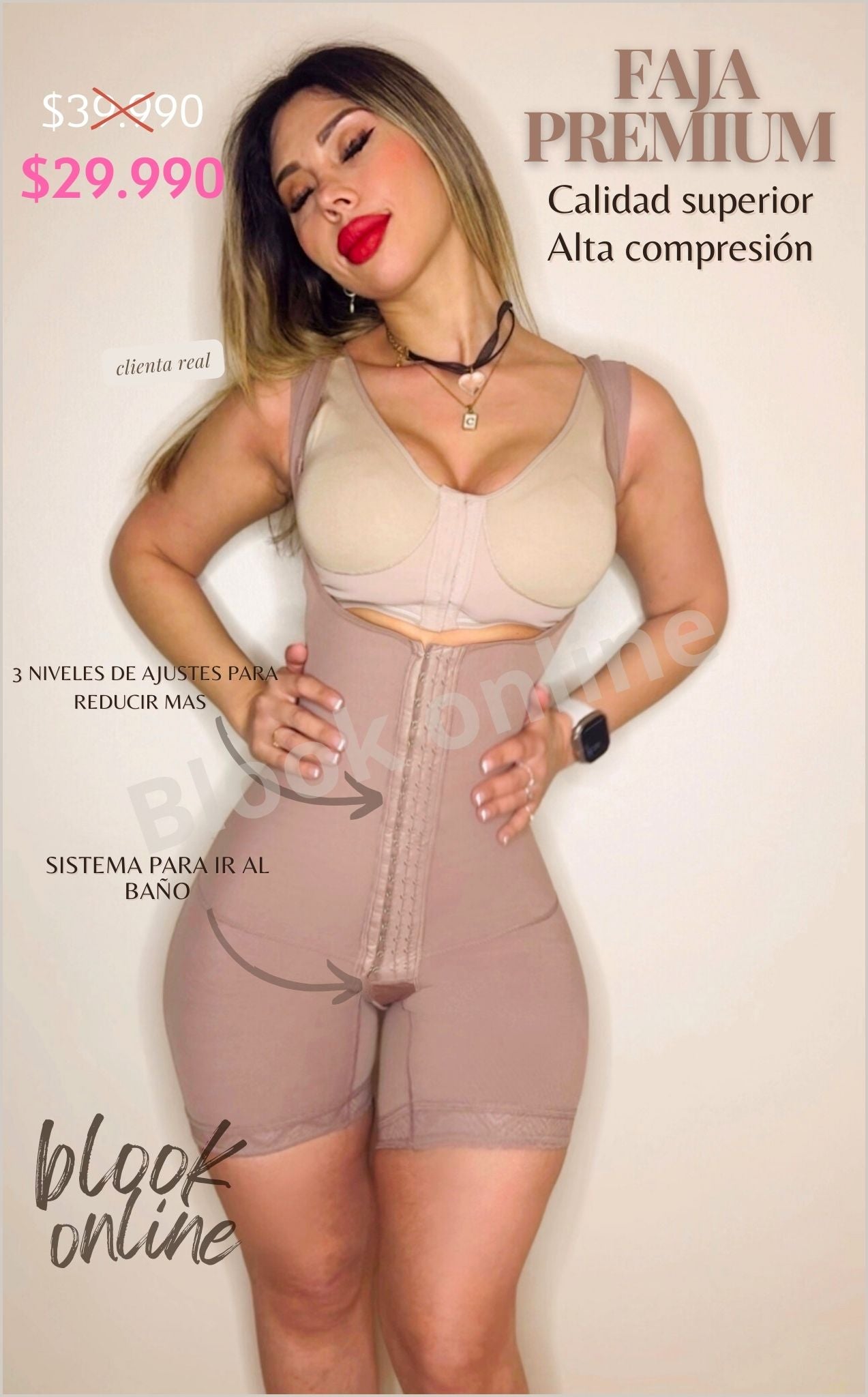 Faja premium alta compresión color beige con sistema para ir al baño y 3 niveles de ajuste. Oferta a $29.990 en Chile, calidad superior.